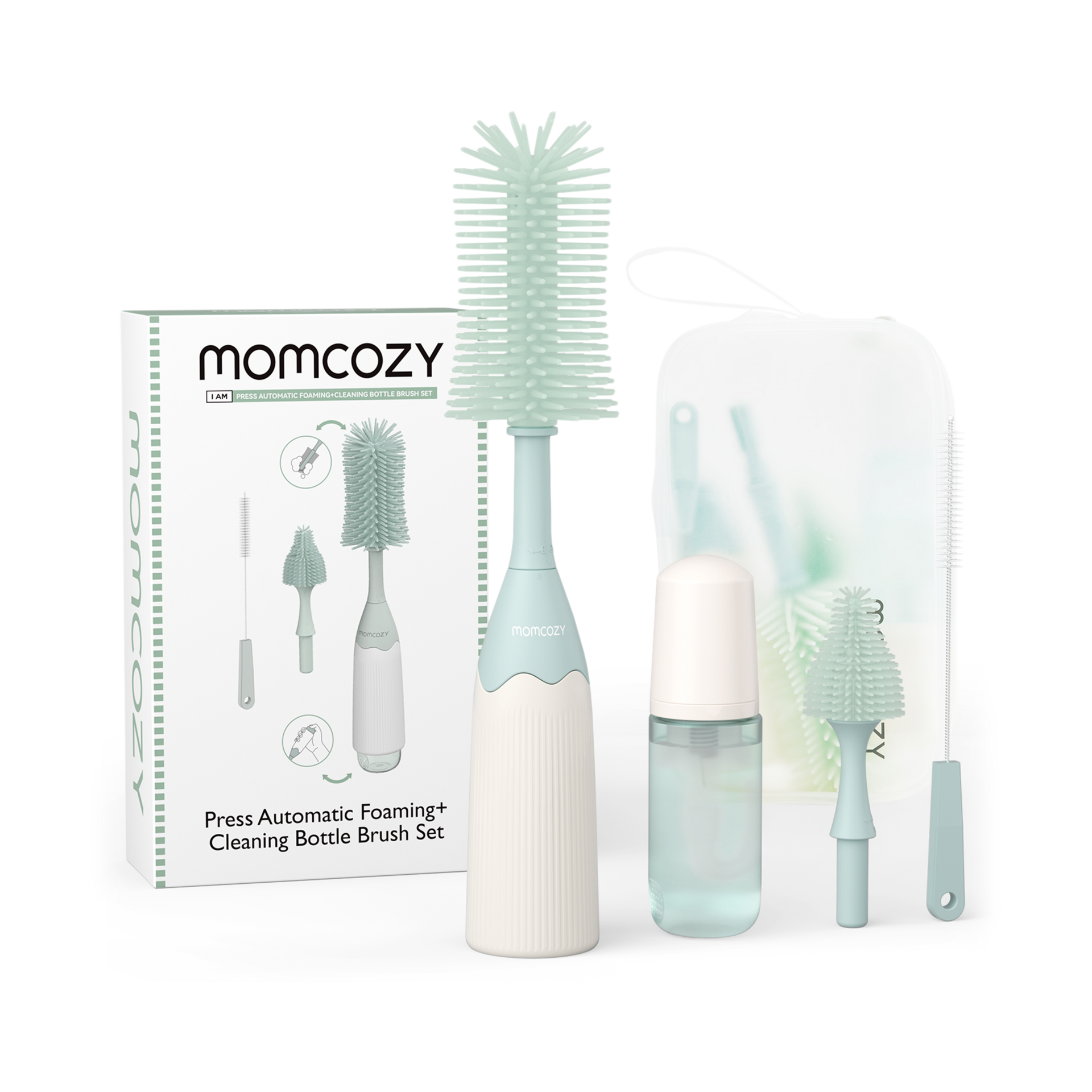 Momcozy Bottle Brush Kit, Innovative Push-Press Design for Better Cleaning - Baby Bottle Cleaner Brush for Baby Bottle, Breast Pumps, Nipples, and More - Can Generate Foam for Better Cleaning, Green