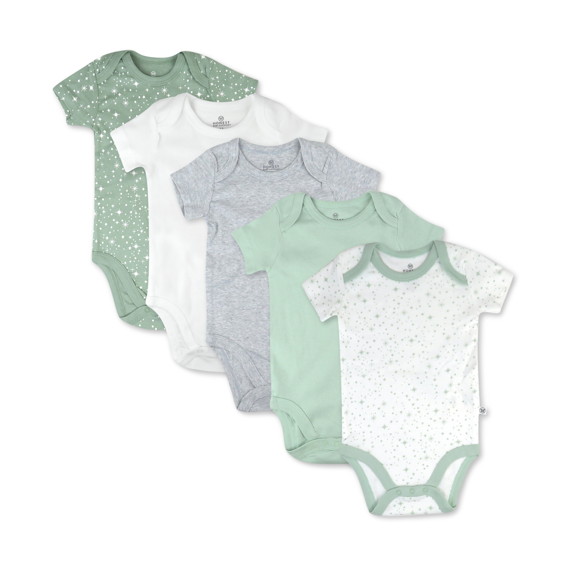 Honest Baby Clothing 5-Pack Organic Cotton Short Sleeve Bodysuits - Twinkle Star White Sage, 0-3 M, 5.