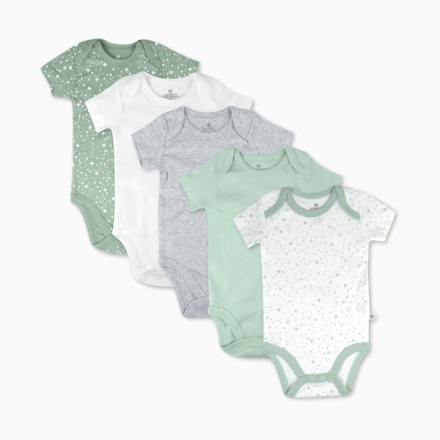 Honest Baby Clothing 5-Pack Organic Cotton Short Sleeve Bodysuits - Twinkle Star White Sage, 0-3 M, 5.