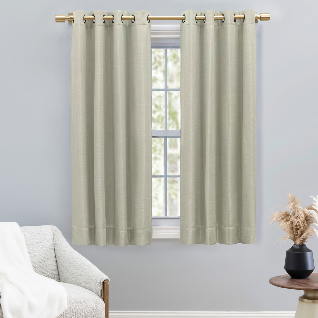 Ricardo Trading Grasscloth Lined Grommet Window Panel Curtain w/Wand - Sliver Sage, 54"W X 45"L.