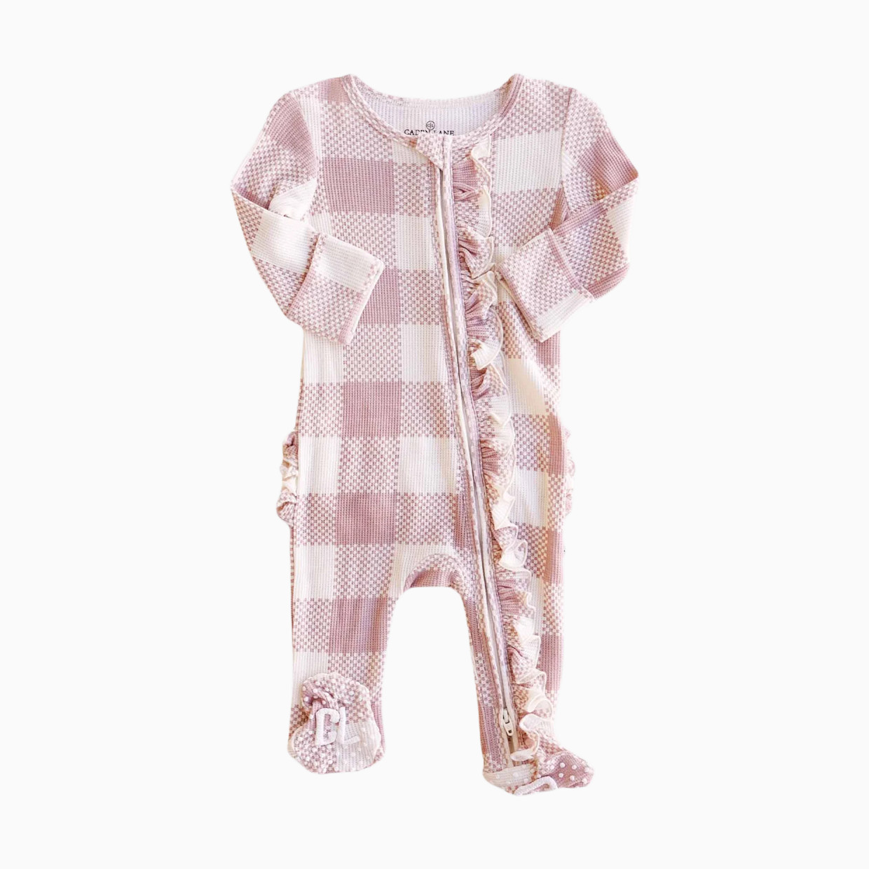 Caden Lane Bamboo Waffle Ruffle Zipper Footie - Big Check Rosy, Newborn.