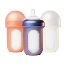 Boon Nursh Reusable Silicone Pouch Baby Bottles - Medium Flow Nipple - Silicone Baby Bottle Pouch and Nipple - Baby Feeding Essentials - Speckle - 3-6 Months - 3 Count - 8 Ounce