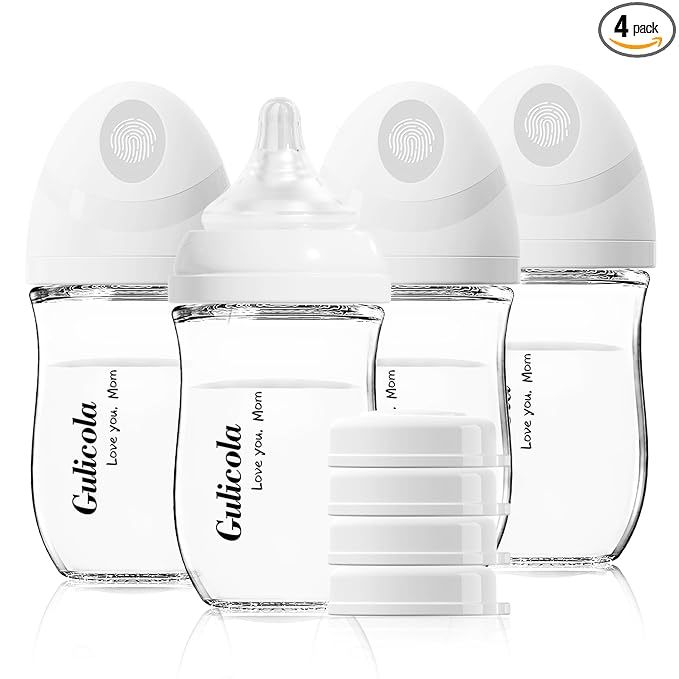 Gulicola Natural Glass Baby Bottles, Extra Slow Flow Nipples (SS) 0+ Months, 5 oz 4-Pack.