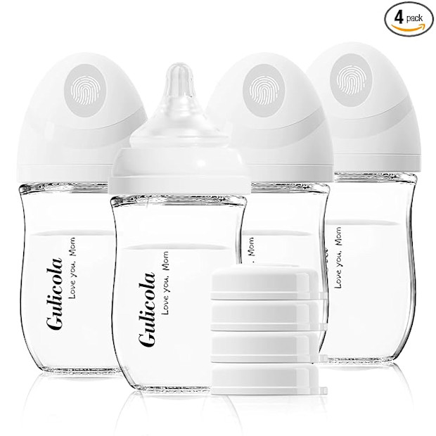 Gulicola Natural Glass Baby Bottles, Extra Slow Flow Nipples (SS) 0+ Months, 5 oz 4-Pack.