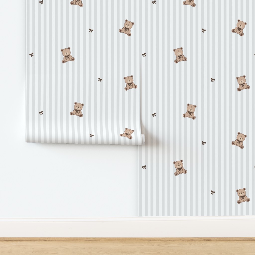 Wallpaper in Soft Gray Stripes With Teddy Bear.