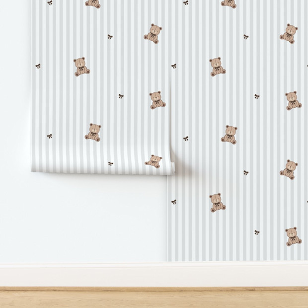 Wallpaper in Soft Gray Stripes With Teddy Bear.
