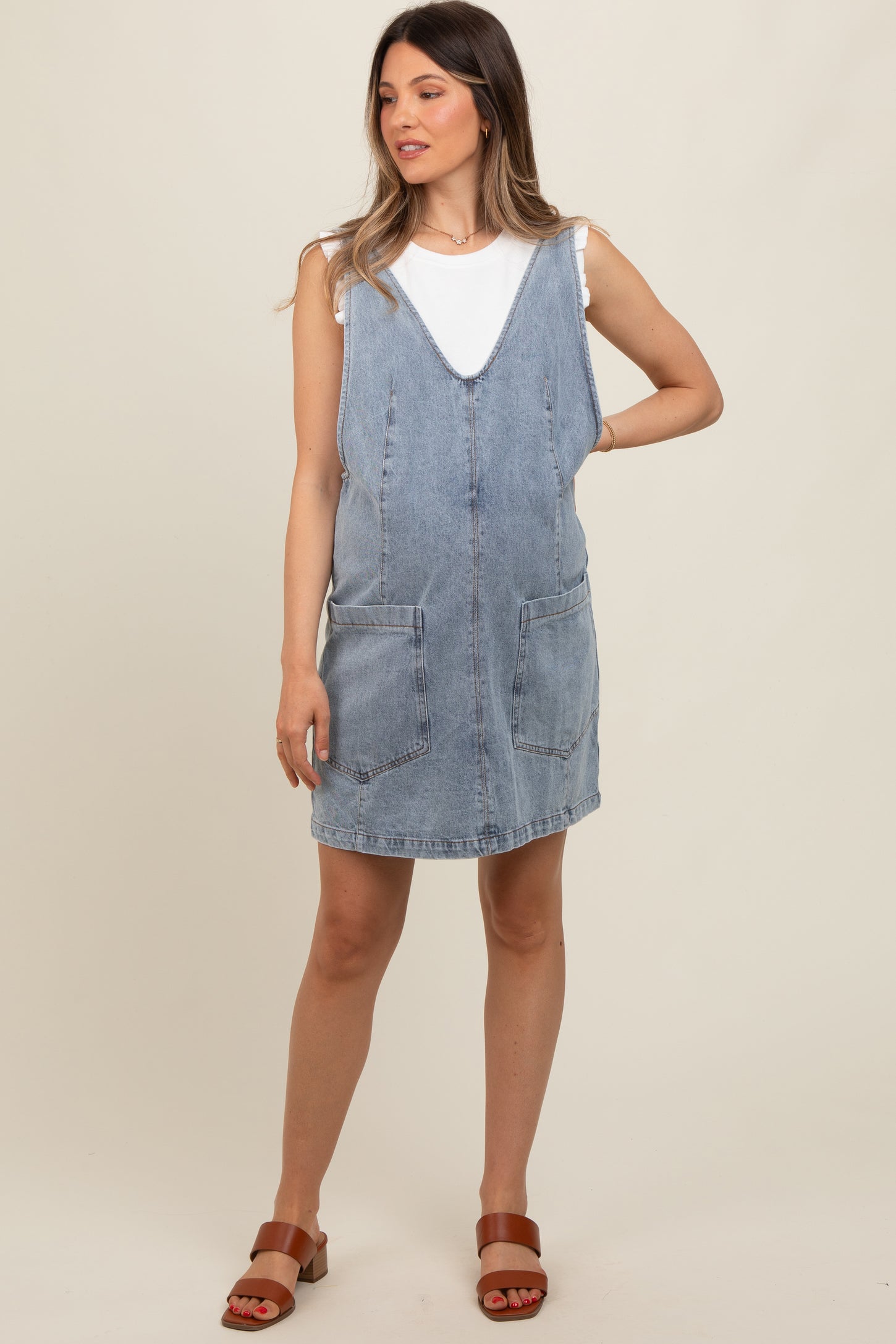 Pink Blush Maternity Light Blue Denim Front Pocket Maternity Skirt Overalls.