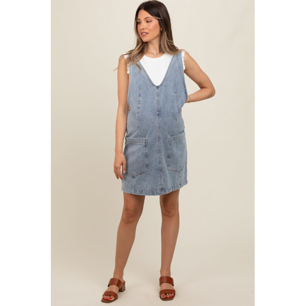 Pink Blush Maternity Light Blue Denim Front Pocket Maternity Skirt Overalls.