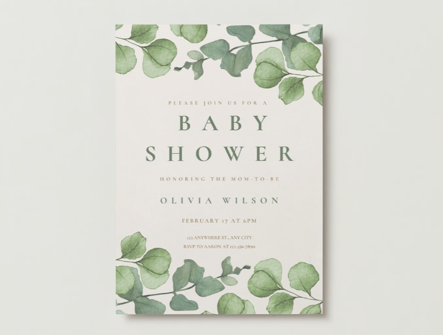 Green and Beige Watercolor Eucalyptus Baby Shower Invitation.