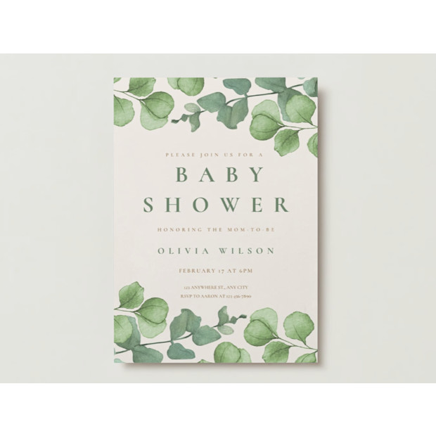 Green and Beige Watercolor Eucalyptus Baby Shower Invitation.