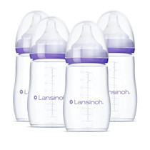 Lansinoh Anti-Colic Baby Bottles for Breastfeeding Babies, 8 Ounces, 4 Count, Includes 4 Medium Flow Nipples, Size M