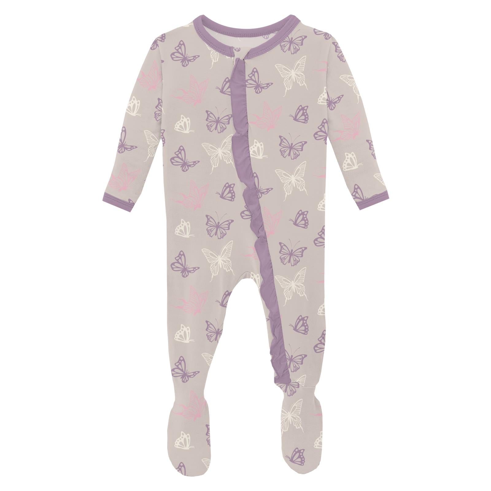 KicKee  Print Layette Ruffle Footie with 2-Way Zipper.