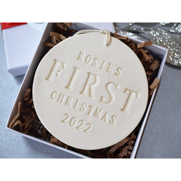 Susabellas Stamped Ceramic First Christmas Ornament.