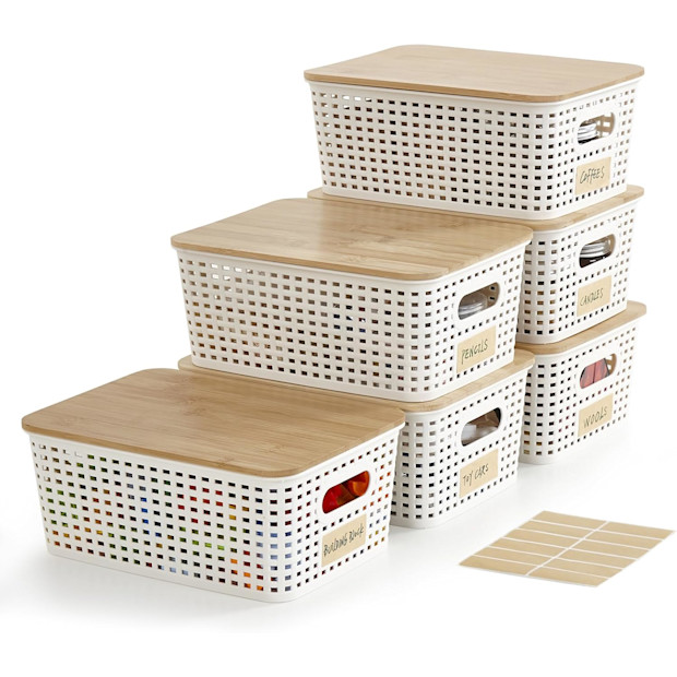 Small Plastic Storage Bins with Bamboo Lids.