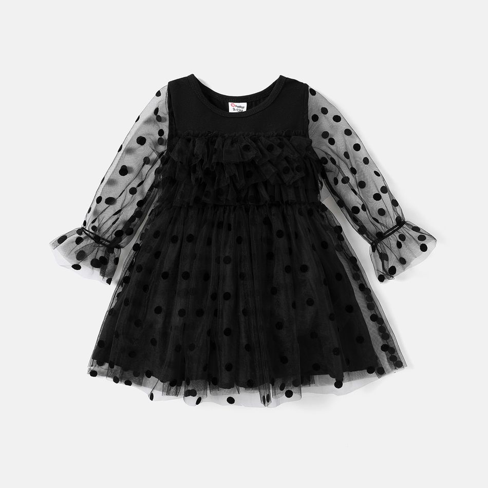 PatPat Baby Girl Solid Layered Ruffle Trim Polka Dots Mesh Long-sleeve Dress.
