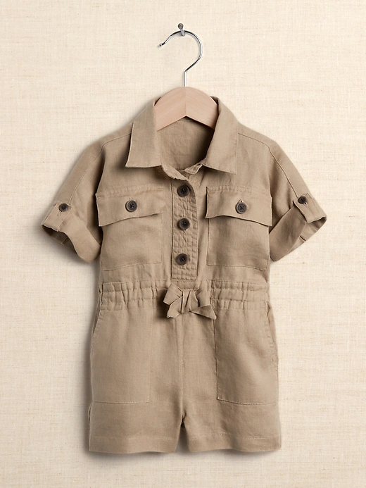 Linen Safari Romper in Maverick Tan - $85.00.