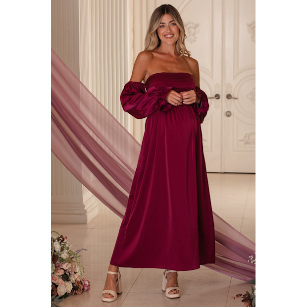 Pink Blush Maternity Burgundy Off Shoulder Satin Pleated Bodice Maternity Maxi Dress.