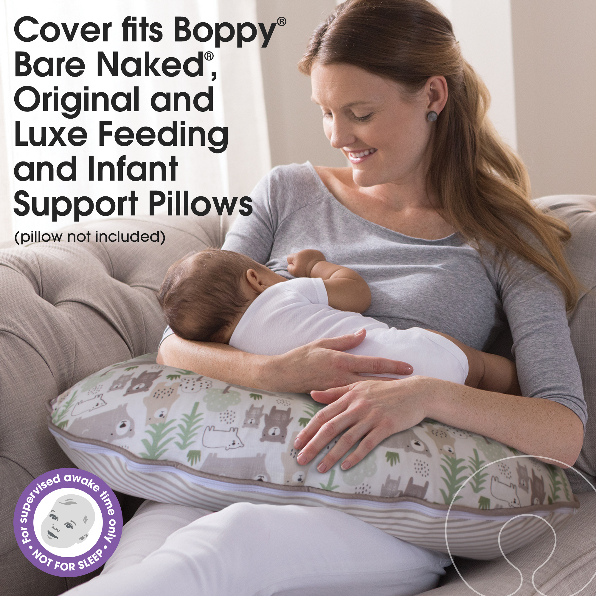 Boppy Organic Fabric Nursing Pillow Cover Taupe Bear Family