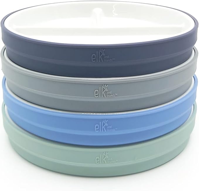 Elk and Friends Kids Porcelain Divided Plates with Silicone Sleeves.