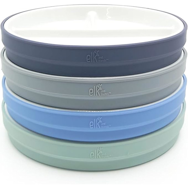 Elk and Friends Kids Porcelain Divided Plates with Silicone Sleeves.