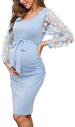 LAHILO Floral Mesh Bishop Long Sleeve Maternity Midi Dress.
