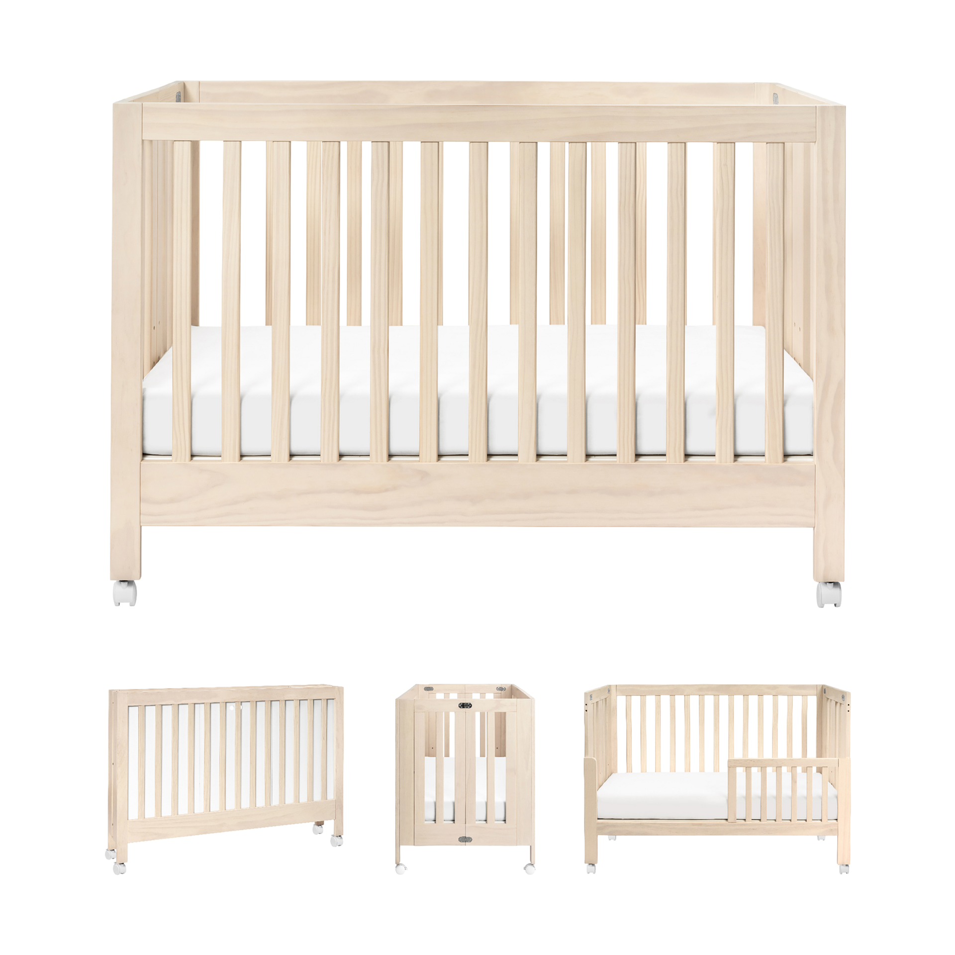 babyletto Maki Portable Folding Crib with Toddler Bed Conversion Kit - Washed Natural.