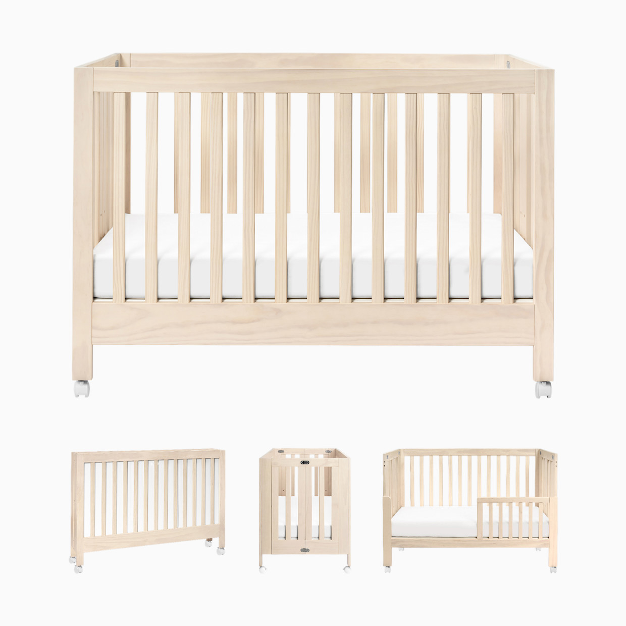 babyletto Maki Portable Folding Crib with Toddler Bed Conversion Kit - Washed Natural.