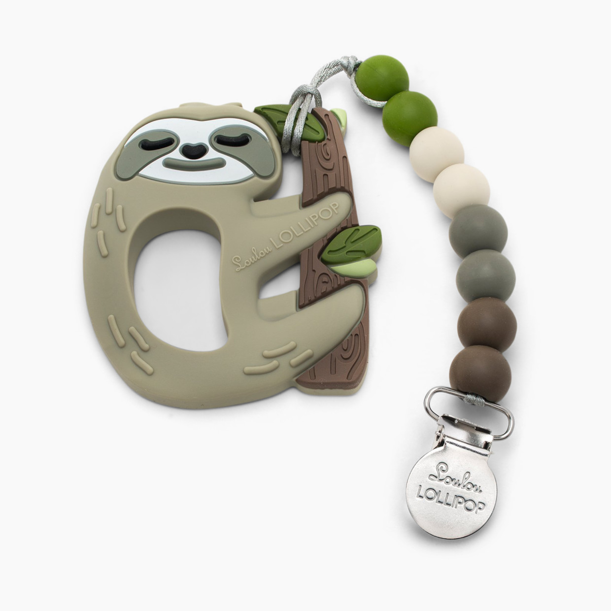Loulou Lollipop Silicone Teether with Metal Clip - Sloth.