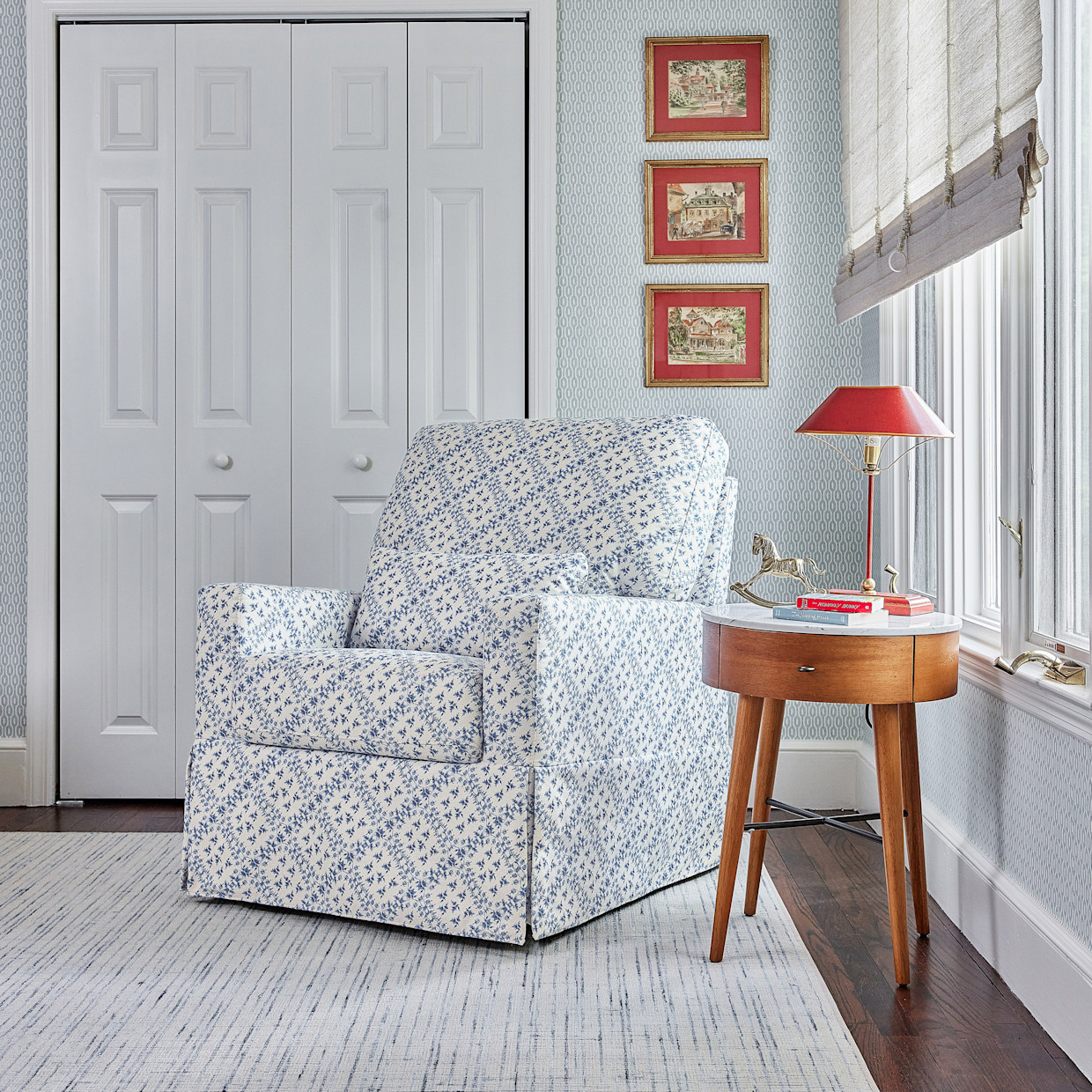 Namesake Sarah Flint x Namesake Crawford Swivel Glider - Blue Lattice Performance Eco-Weave.
