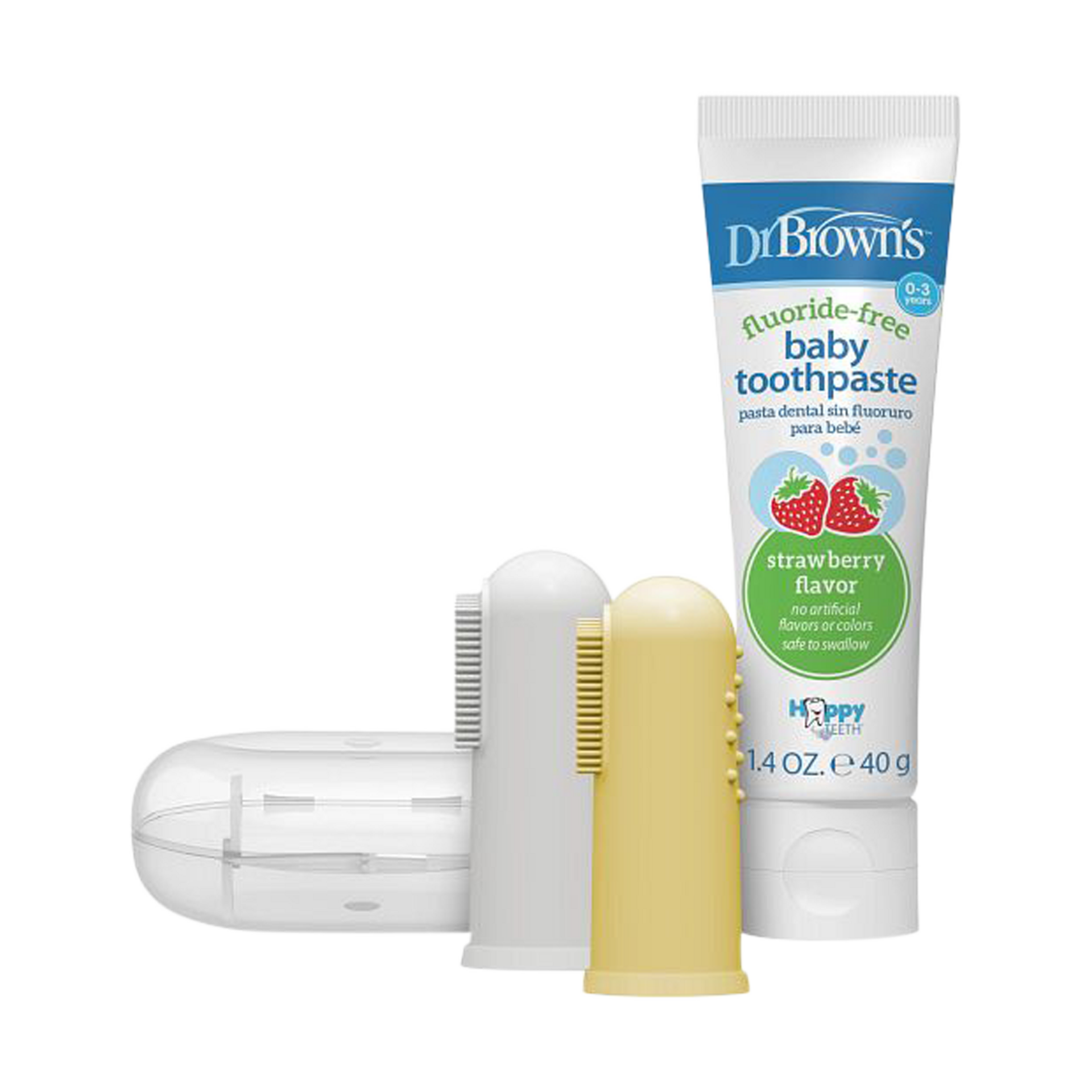 Dr. Brown's 100% Silicone Baby Finger Toothbrush and Toothpaste Set, 2-Pack Toothbrush with Storage Case, Fluoride-Free Strawberry Toddler Toothpaste, Gray & Light-Green