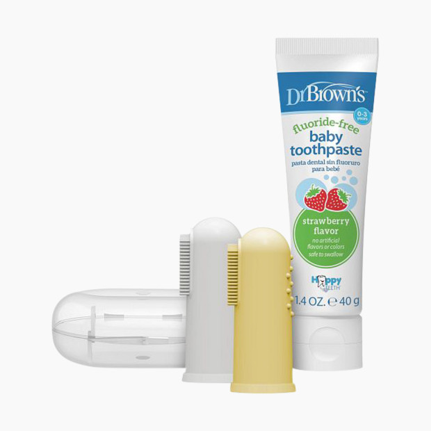 Dr. Brown's Silicone Finger Toothbrush with Case, 2-Pack - Gray/Yellow, Strawberry Toothpaste.