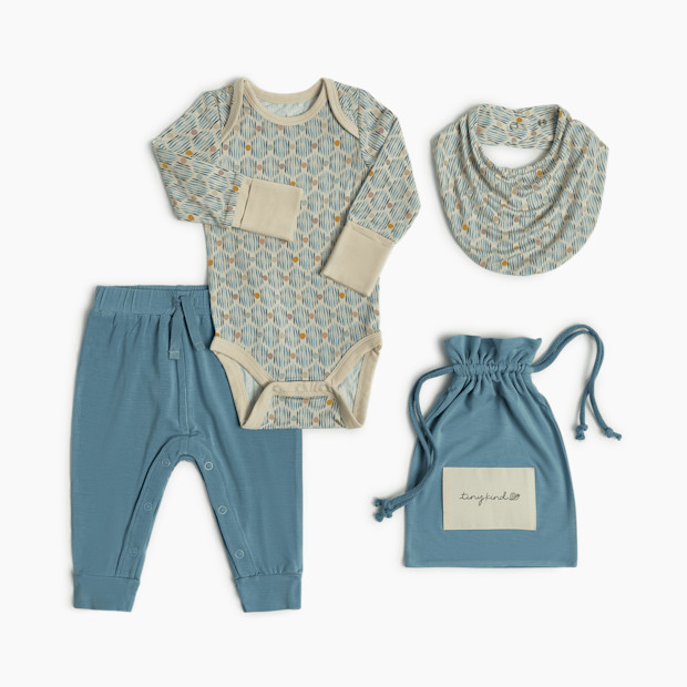 Tiny Kind Bamboo Viscose 3-Piece Outfit Set-Long Sleeve Bodysuit, Pants & Bib - Multi Print, Nb.