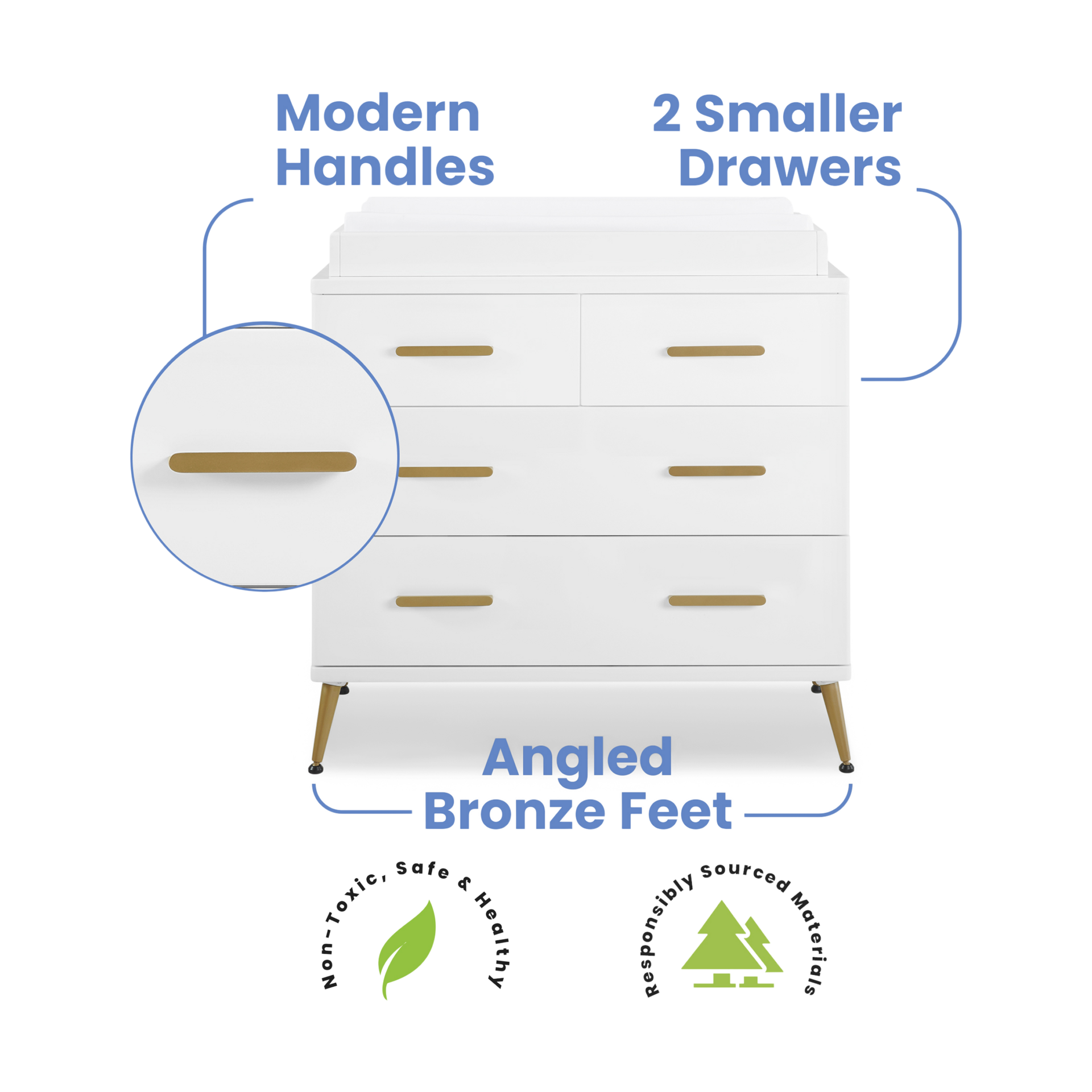 Delta Children Sloane 4 Drawer Dresser with Changing Top - Bianca White/Melted Bronze.