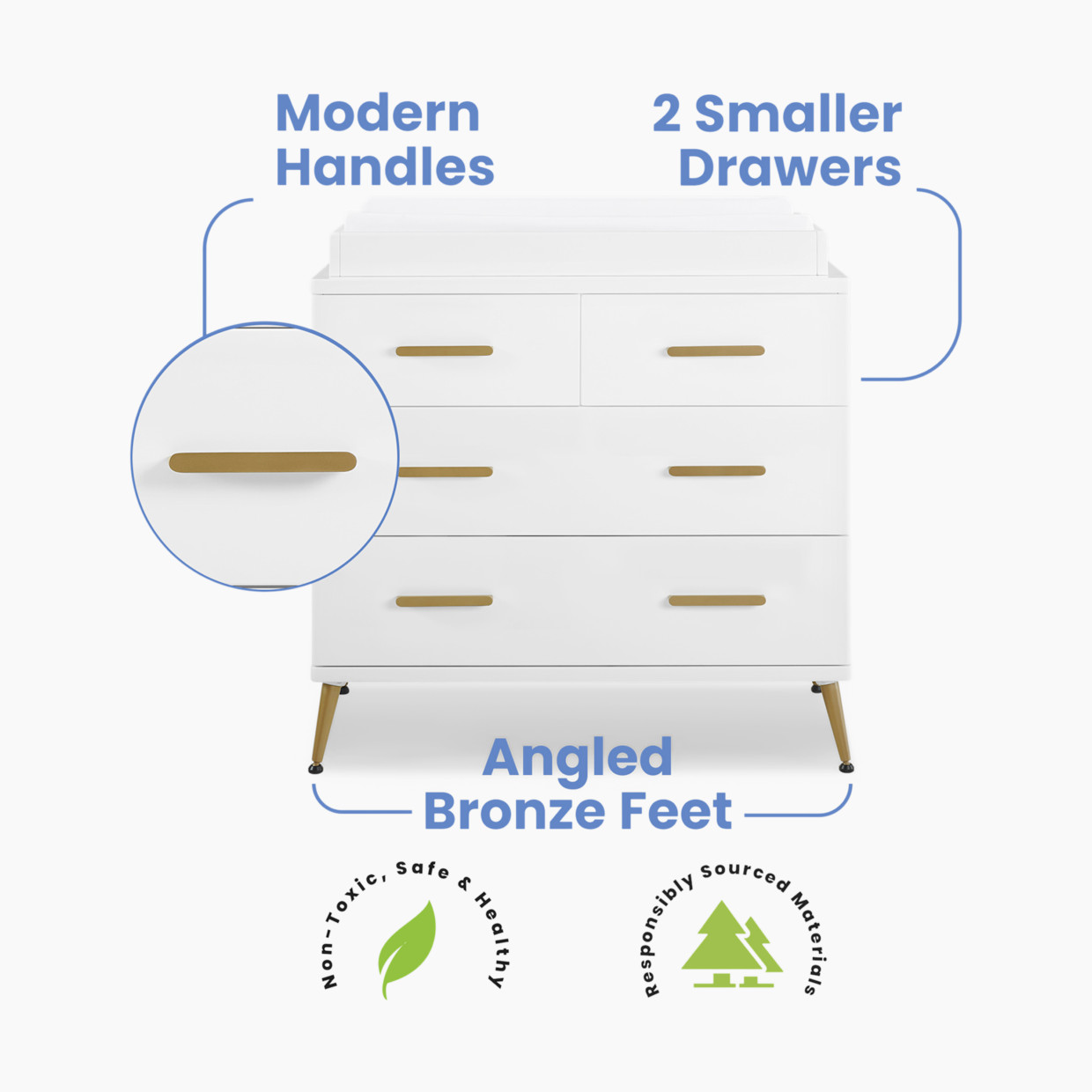 Delta Children Sloane 4 Drawer Dresser with Changing Top - Bianca White/Melted Bronze.