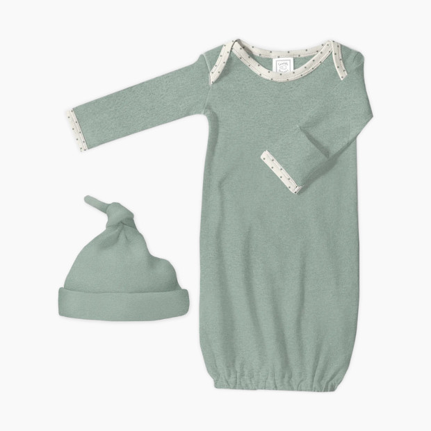 SwaddleDesigns Cotton Knit Long-sleeve Pajama Gown with Mitten Cuffs and Knotted Hat - Heathered Jadeite, Newborn (0-3 Months).