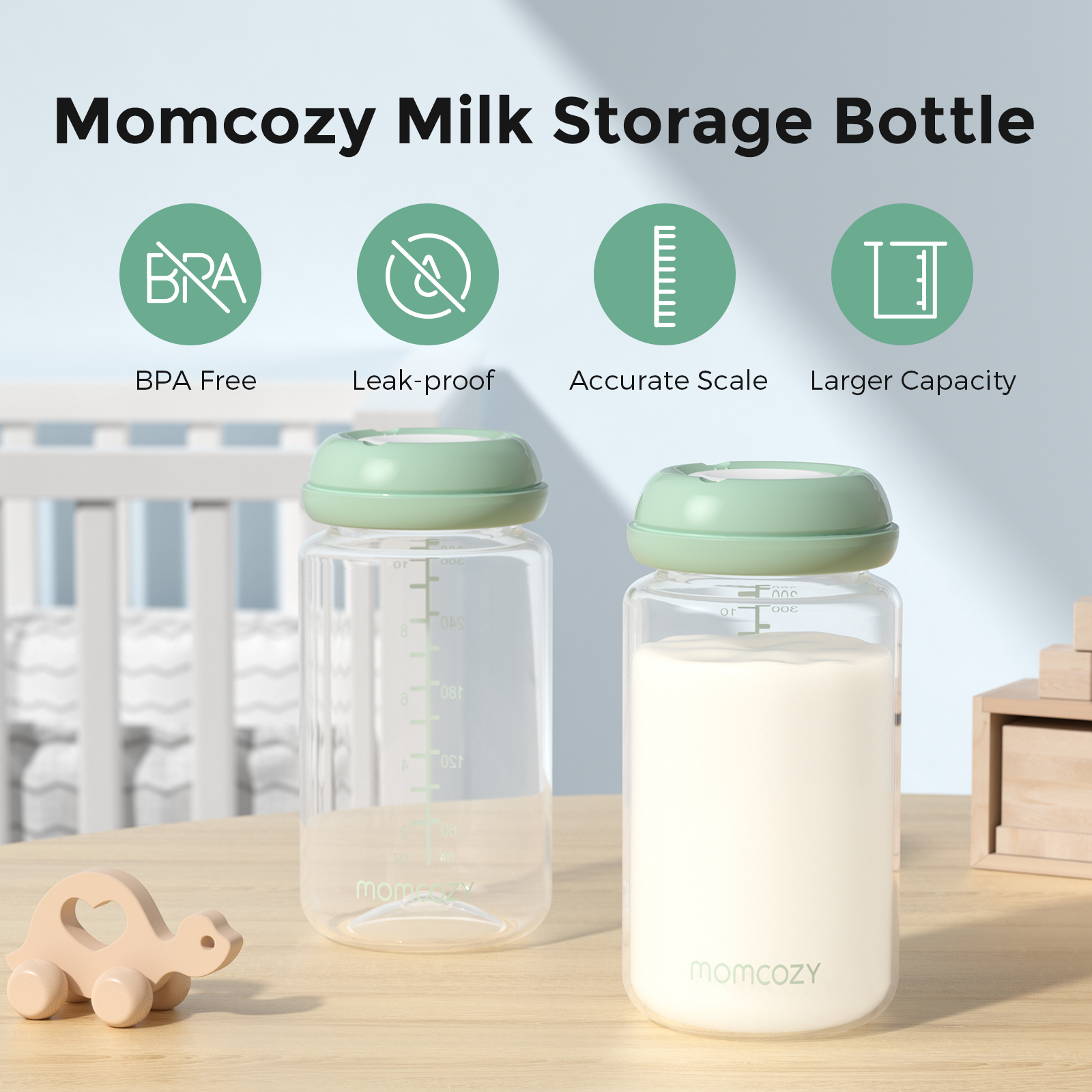 Momcozy Breast Milk Storage Bottles, 4 Pack - Light Green.