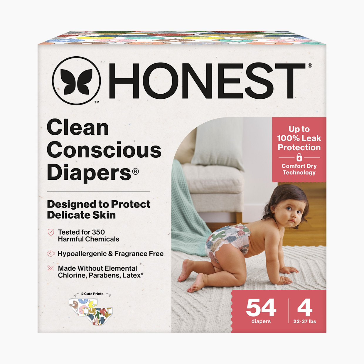 The Honest Company Clean Conscious Disposable Diapers Size 3-5 - Donut Grow Up + Cactus Cuties, Size 4, 54 Count.