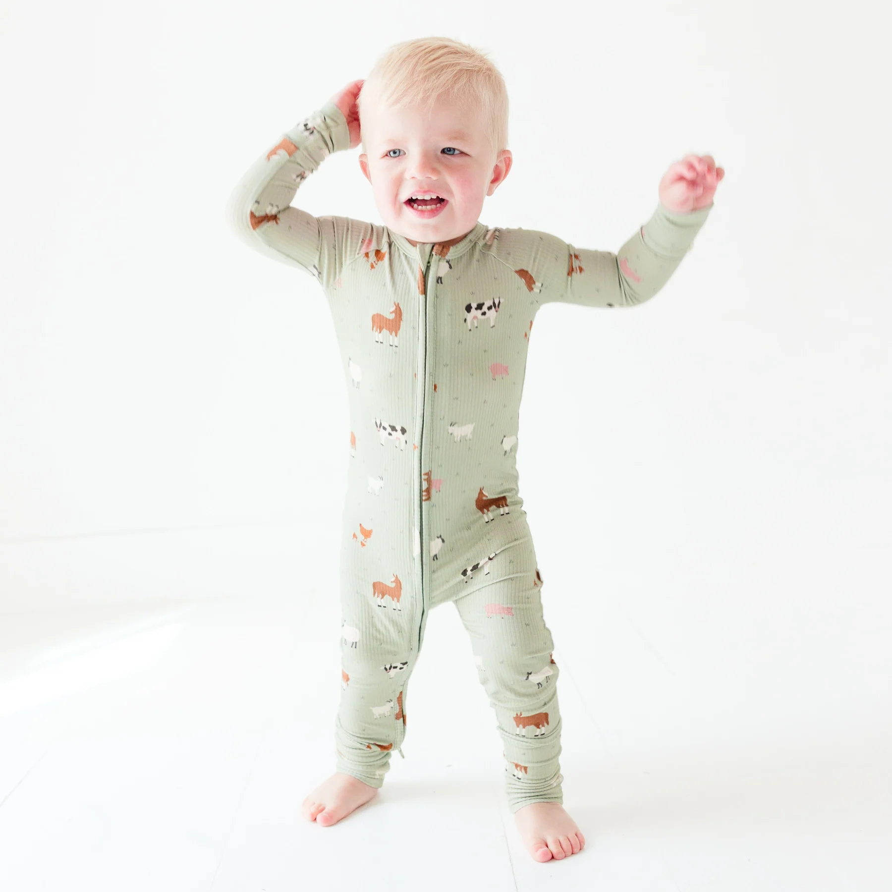 Brave Little Ones Farm Animals Small Ribbed Zip Romper.