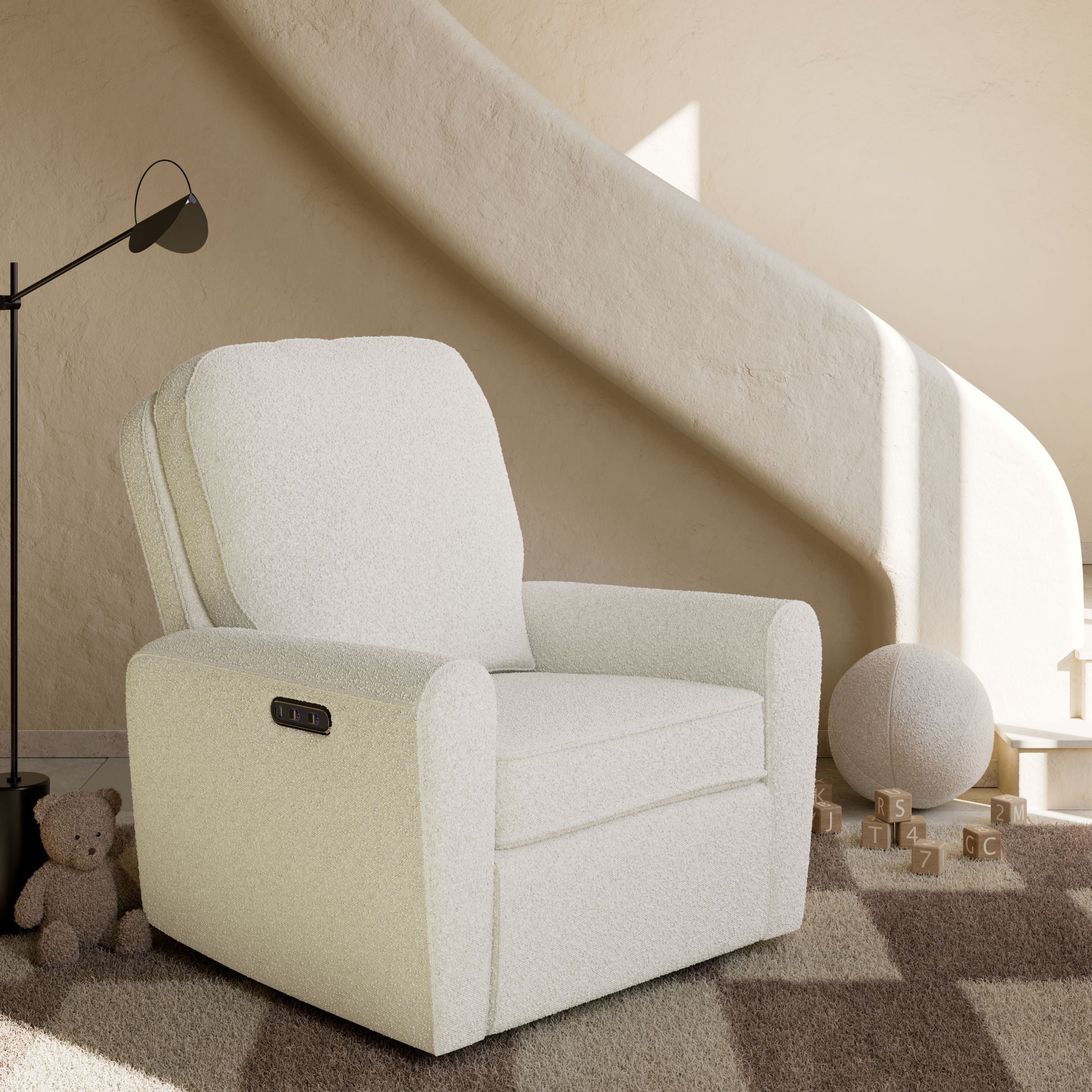 Storkcraft Amalfi Deluxe Power Recliner Swivel Glider - Ivory Boucle.