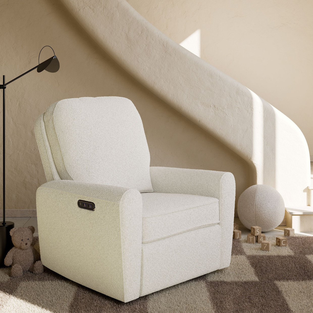 Storkcraft Amalfi Deluxe Power Recliner Swivel Glider - Ivory Boucle.