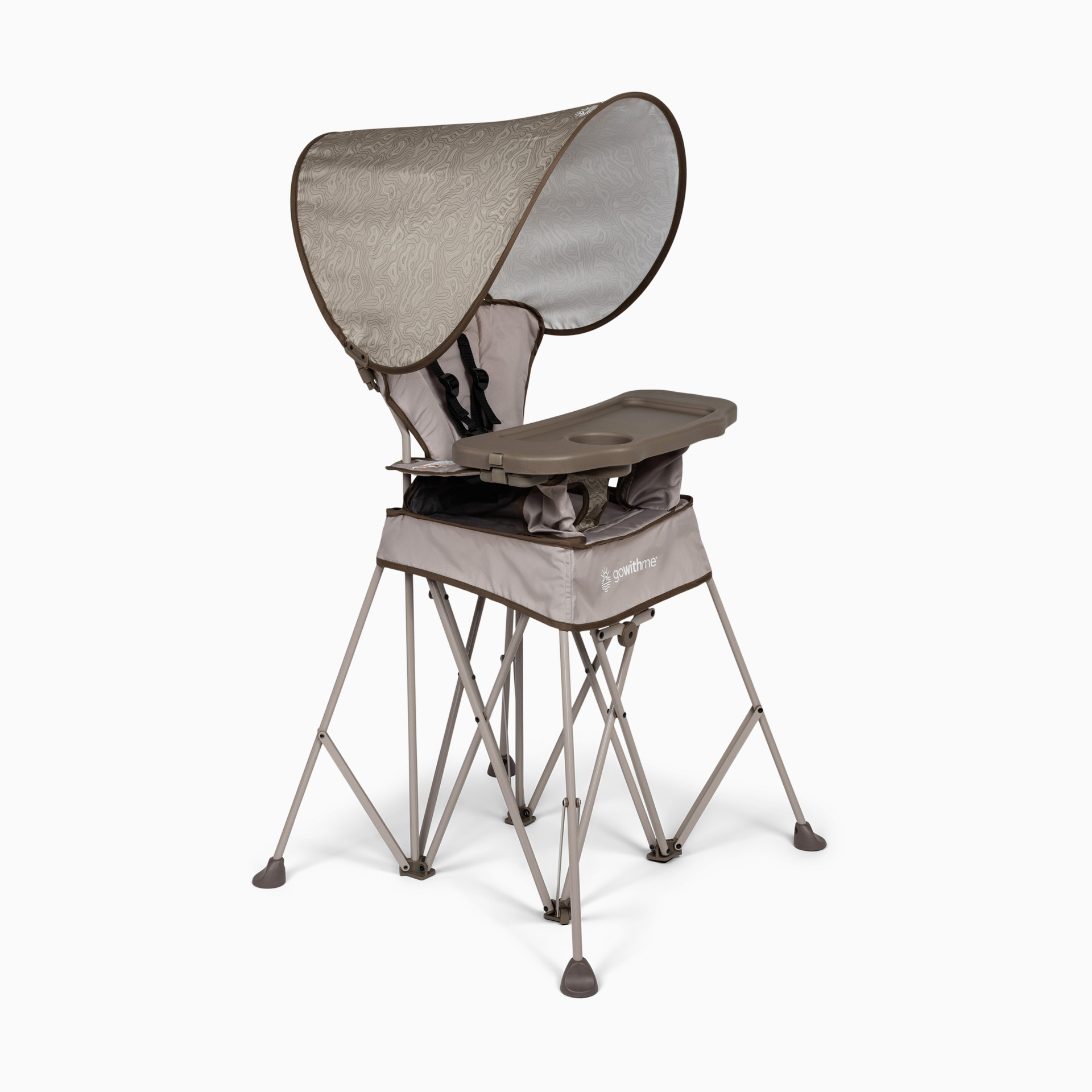 Grey portable high chair with canopy on a plain background.