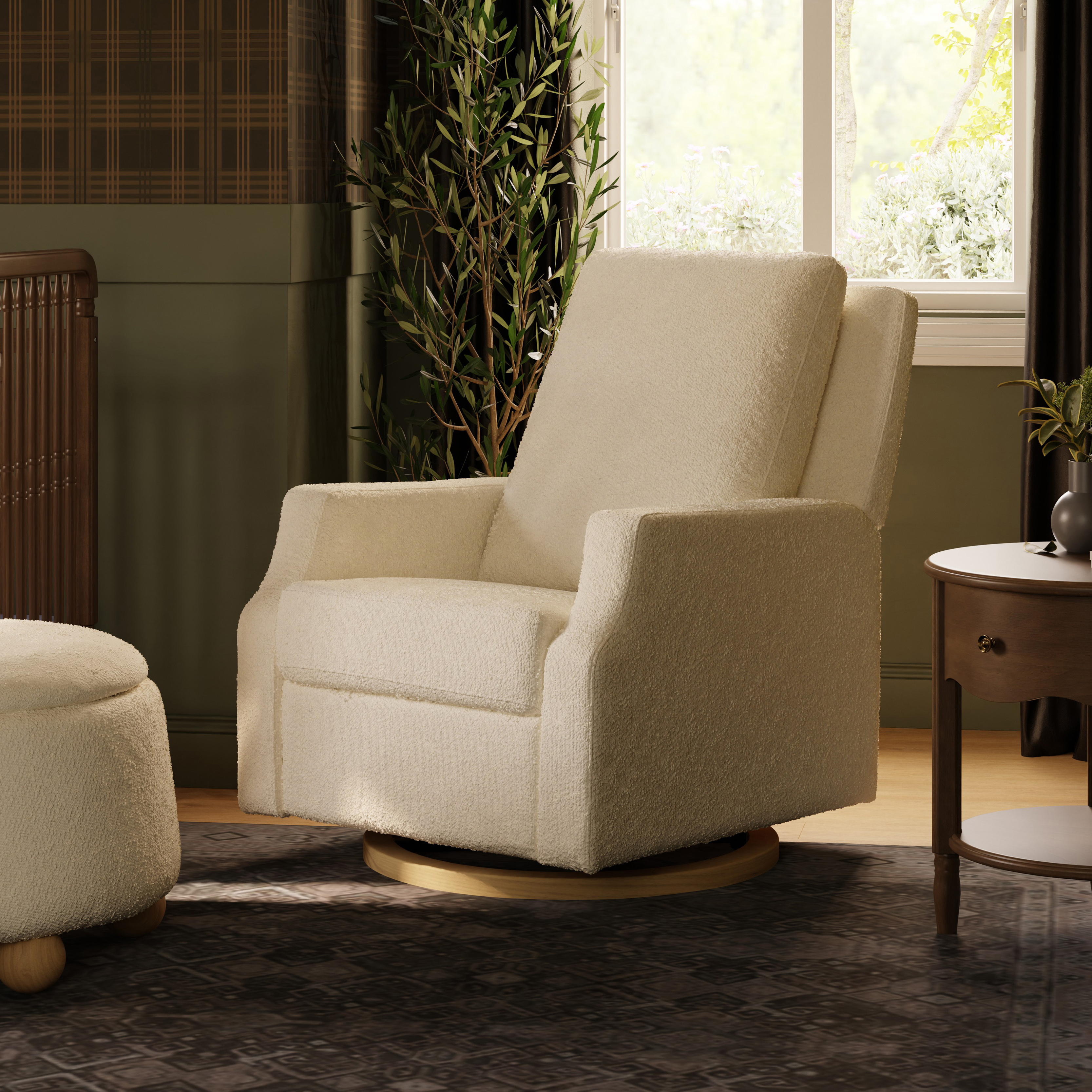 Namesake Crewe Electronic Recliner and Swivel Glider - Ivory Boucle With Light Wood Base.