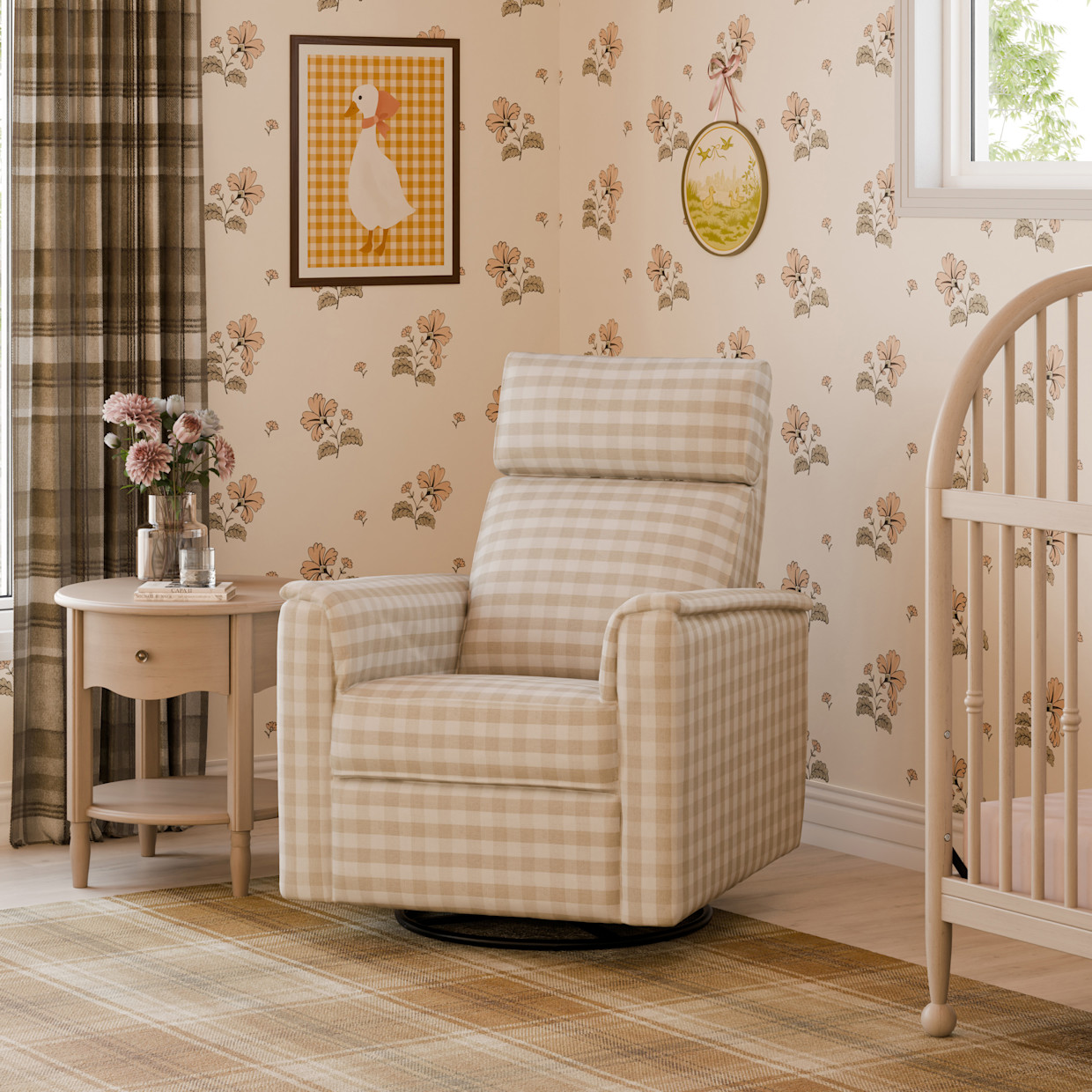 Namesake Willa Deluxe Power Recliner and Swivel Glider - Tan Gingham.