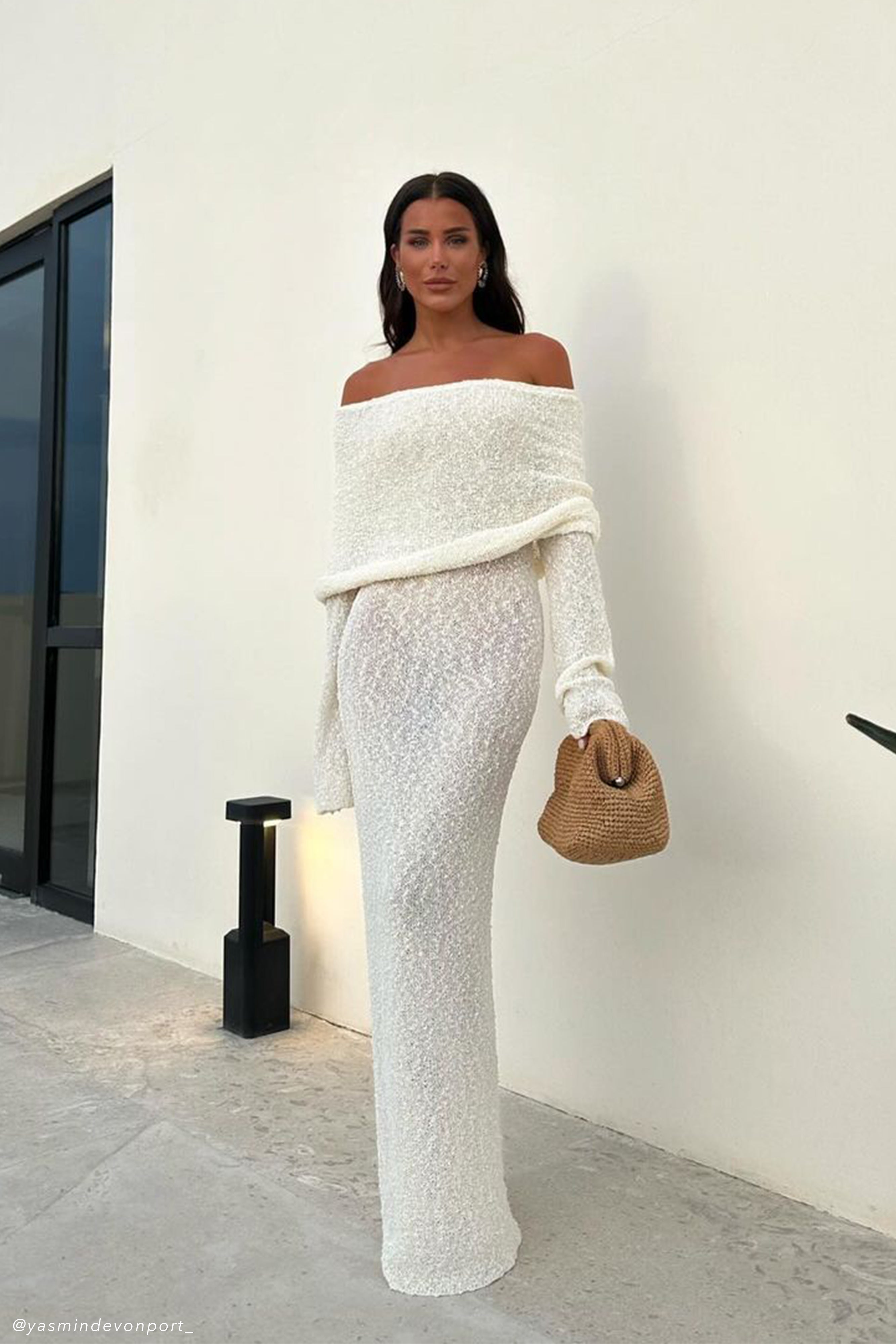 Meshki Marisol Off Shoulder Boucle Maxi Dress.