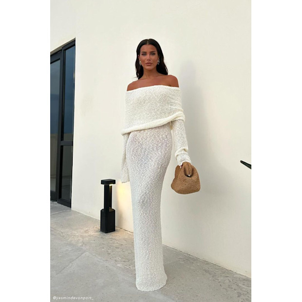 Meshki Marisol Off Shoulder Boucle Maxi Dress.