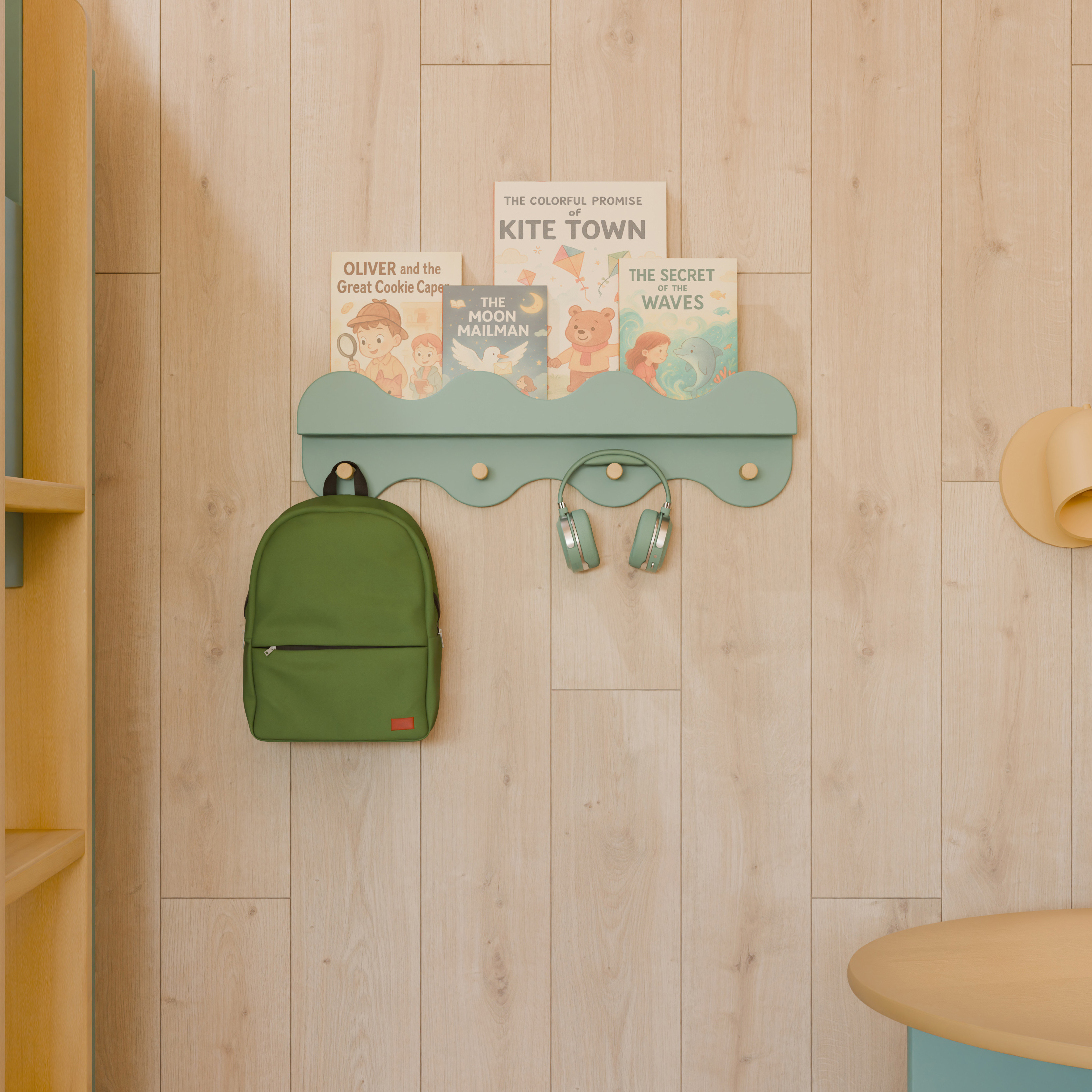 babyletto Lido Wave Bookshelf with Hooks - Light Sage/Honey.