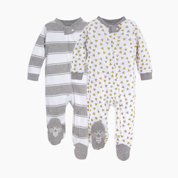 Burt's Bees Baby Organic Sleep & Play Footie Pajamas (2 Pack Bundle) - Honey Bee/Heather Grey Rugby Peace Stripe, 0-3 Months.