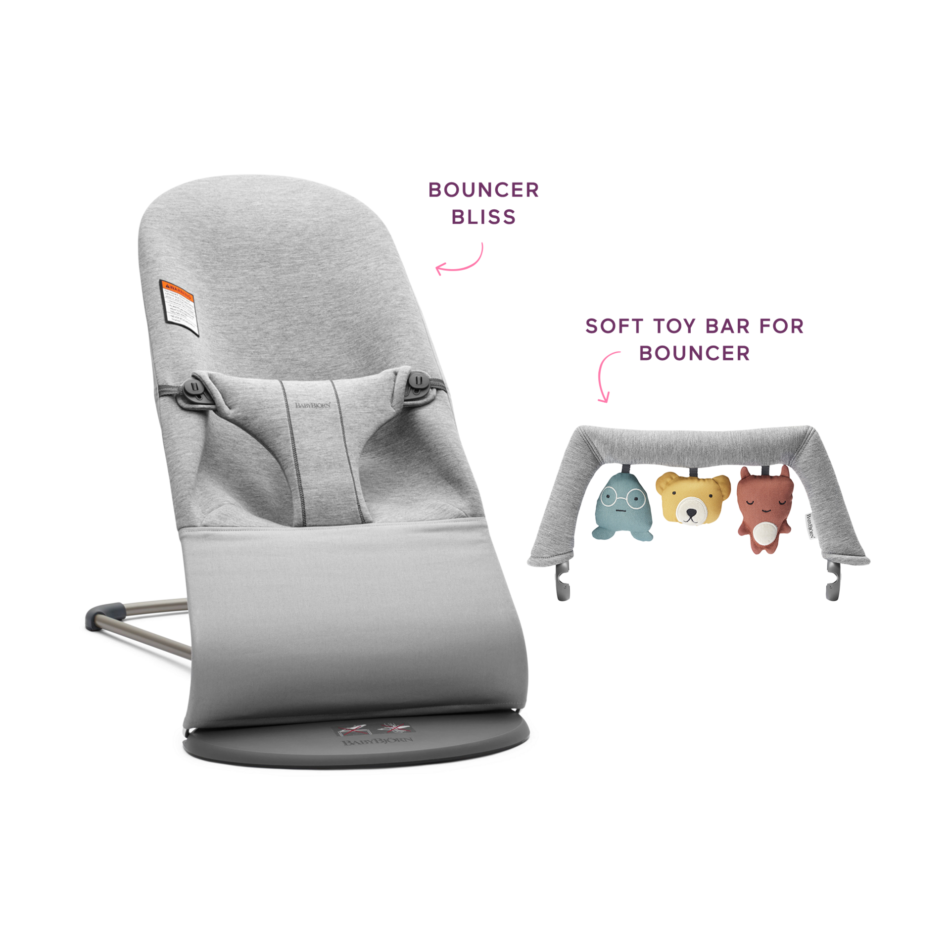 BabyBjörn Bouncer Bliss and Toy Bar Bundle - Light Gray/Soft Toy Bar.
