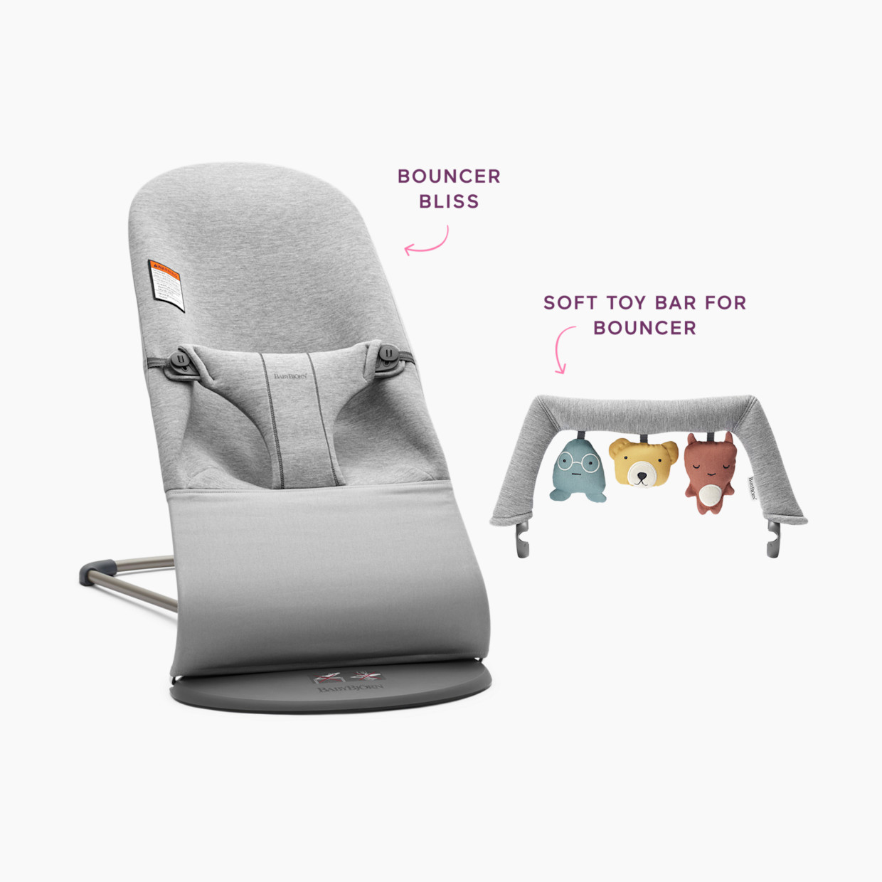 BabyBjörn Bouncer Bliss and Toy Bar Bundle - Light Gray/Soft Toy Bar.