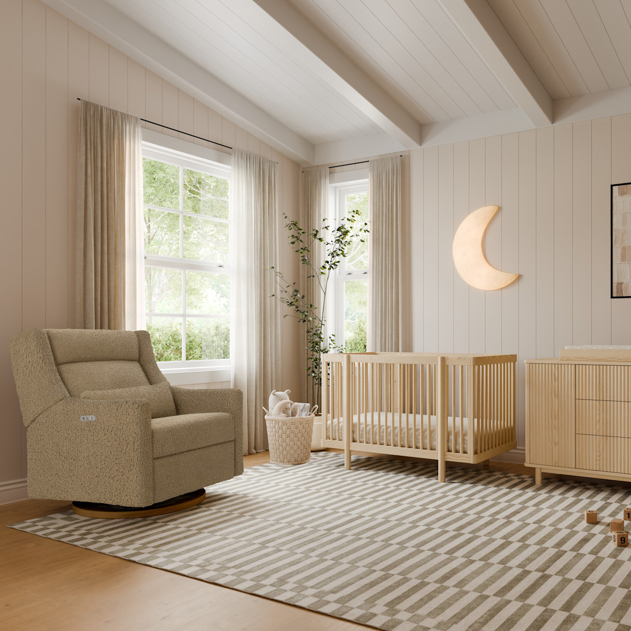 babyletto Kiwi Plus Chair and a Half Power Recliner and Swivel Glider - Latte Teddy Loop With Dark Wood Base.